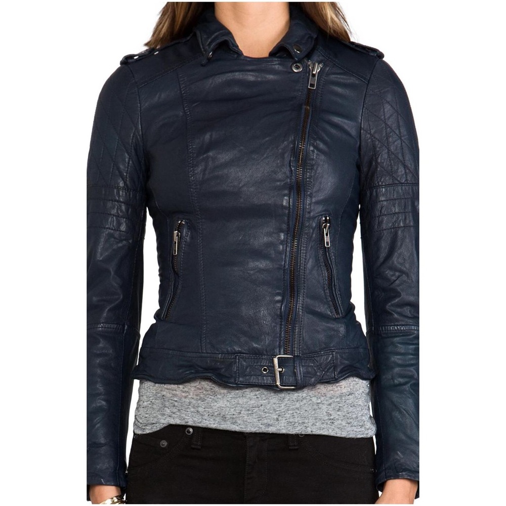 Muubaa Nido Quilted Navy Ink Biker Leather Jacket - Picture 3 of 8
